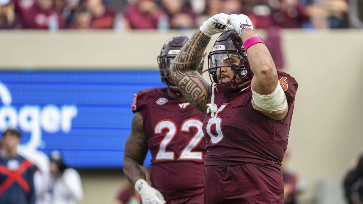Virginia Tech Josh Fuga (6) reacts during the second half of an NCAA college football game against Georgia Tech, Saturday, Oct. 26, 2024, in Blacksburg, Va.