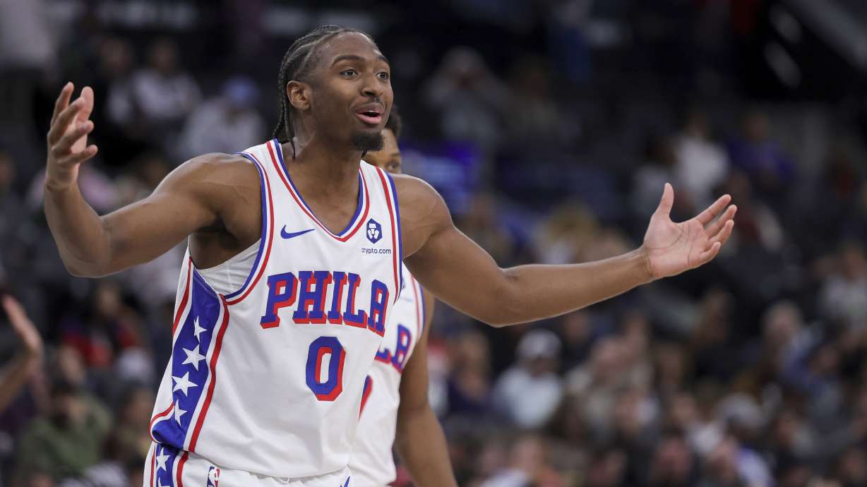 Philadelphia 76ers guard Tyrese Maxey reacts during the second half of an NBA basketball game against the Los Angeles Clippers, Wednesday, Nov. 6, 2024, in Inglewood, Calif.