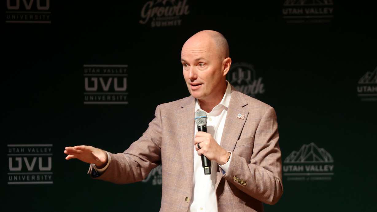 Gov. Spencer Cox speaks at the Utah Valley Growth and Prosperity Summit at Utah Valley University in Orem on Thursday.