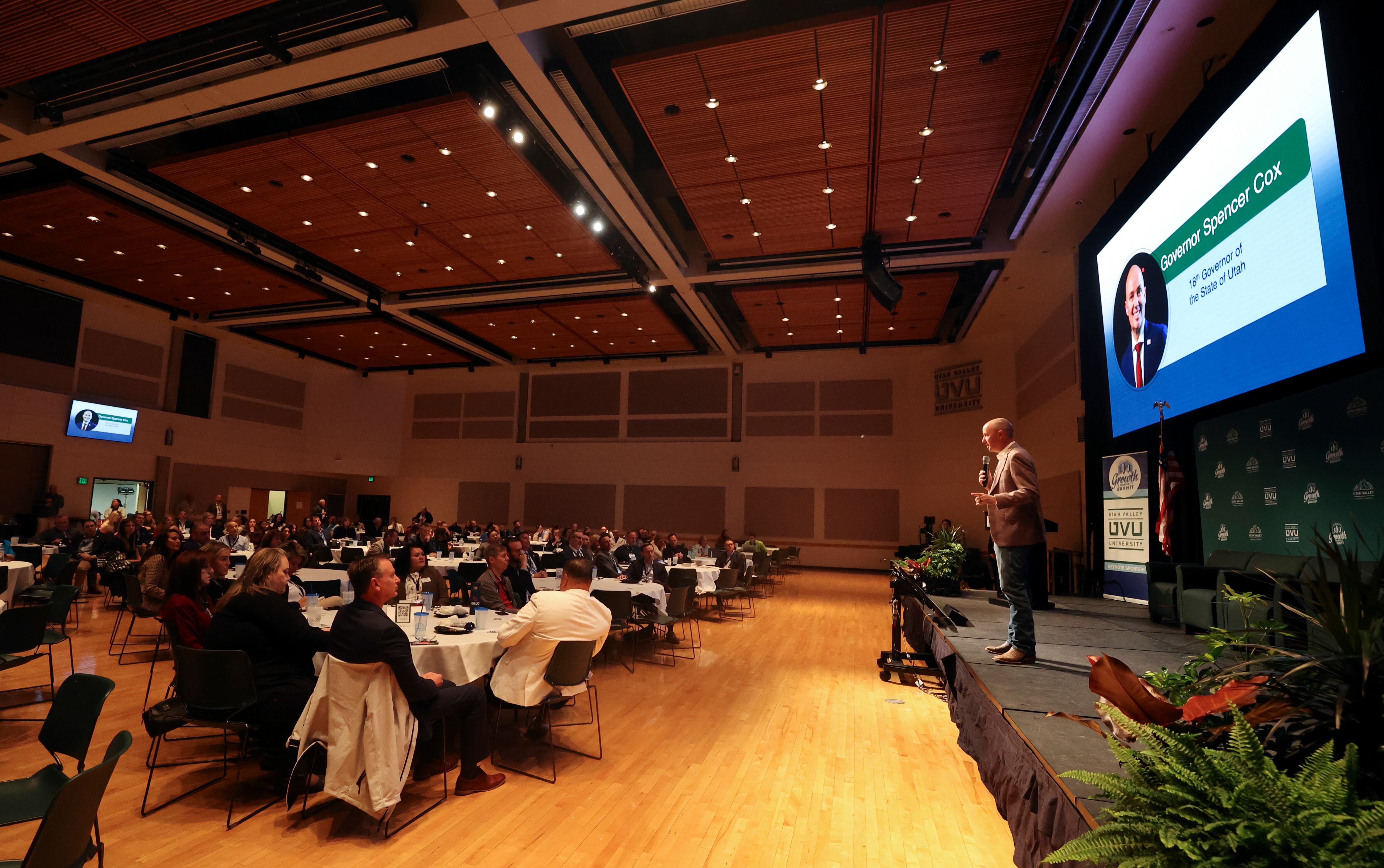 Gov. Spencer Cox speaks at the Utah Valley Growth and Prosperity Summit at Utah Valley University in Orem on Thursday.