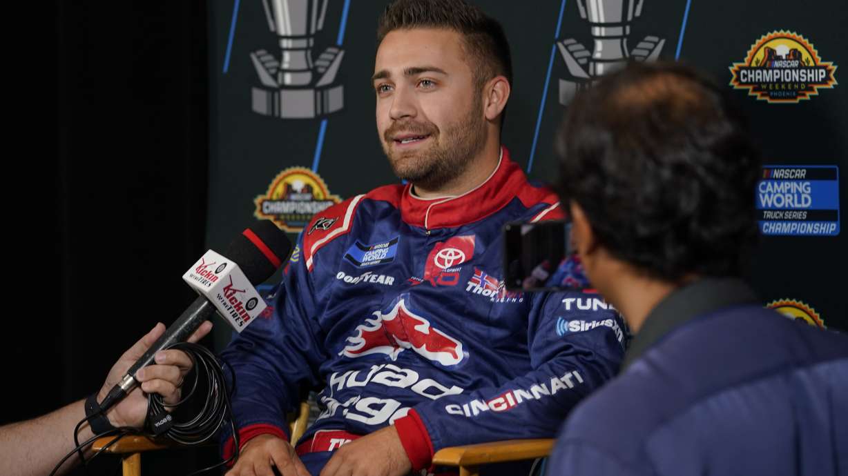 FILE - NASCAR Camping World Truck Series auto racing driver Ty Majeski speaks during the Championship media day, Nov. 3, 2022, in Phoenix.
