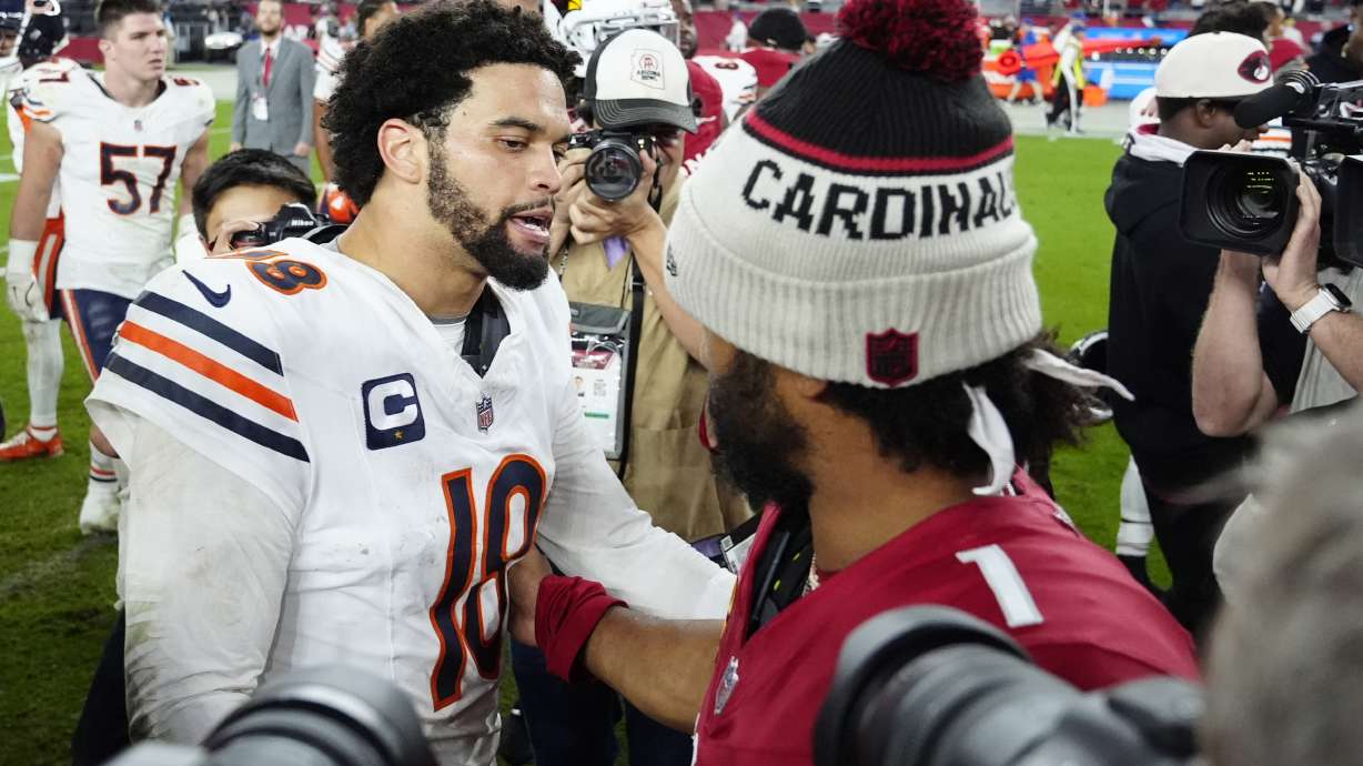 Chicago Bears quarterback Caleb Williams (18) greets Arizona Cardinals quarterback Kyler Murray after an NFL football game, Sunday, Nov. 3, 2024, in Glendale, Ariz.