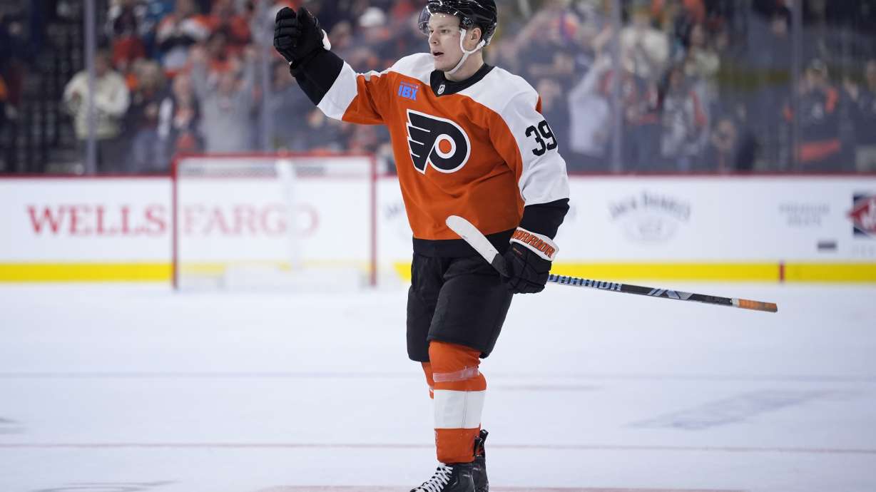 Philadelphia Flyers' Matvei Michkov reacts after scoring a goal during the second period of an NHL hockey game against the Minnesota Wild, Saturday, Oct. 26, 2024, in Philadelphia.