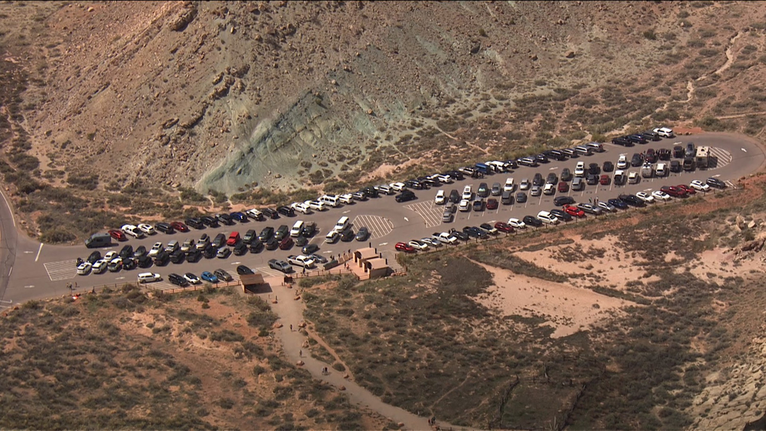 An Arches National Park parking lot is pictured on April 1. Park officials will continue a timed entry pilot program for the fourth year in 2025, but they're testing a big mid-summer tweak the next time around.