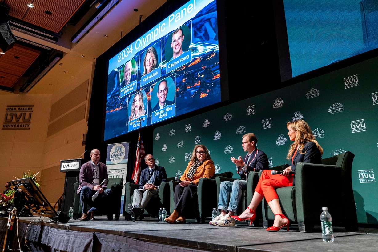 Olympian Clayton Young speaks as part of a 2034 Olympic panel during the Utah Valley Growth and Prosperity Summit held at the Sorensen Student Center Grand Ballroom on the campus of Utah Valley University in Orem on Thursday.