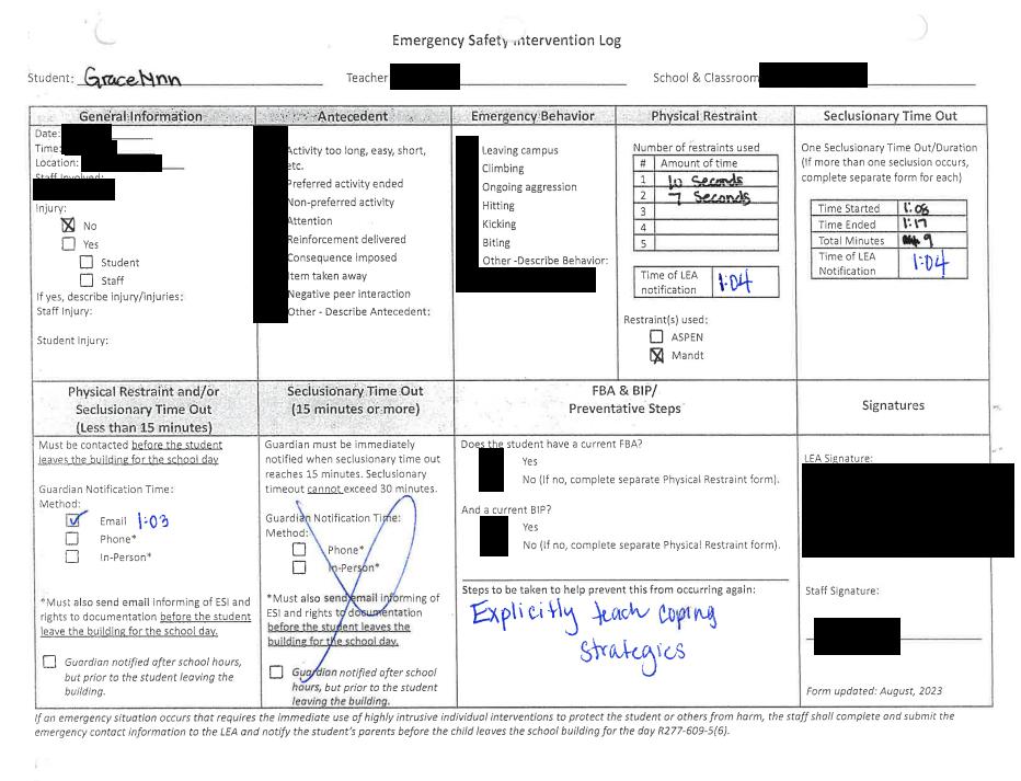 A chart from Alisha Hadden showing when her daughter has been placed in seclusion rooms at school. The Utah mother she thinks the practice shouldn't be used.