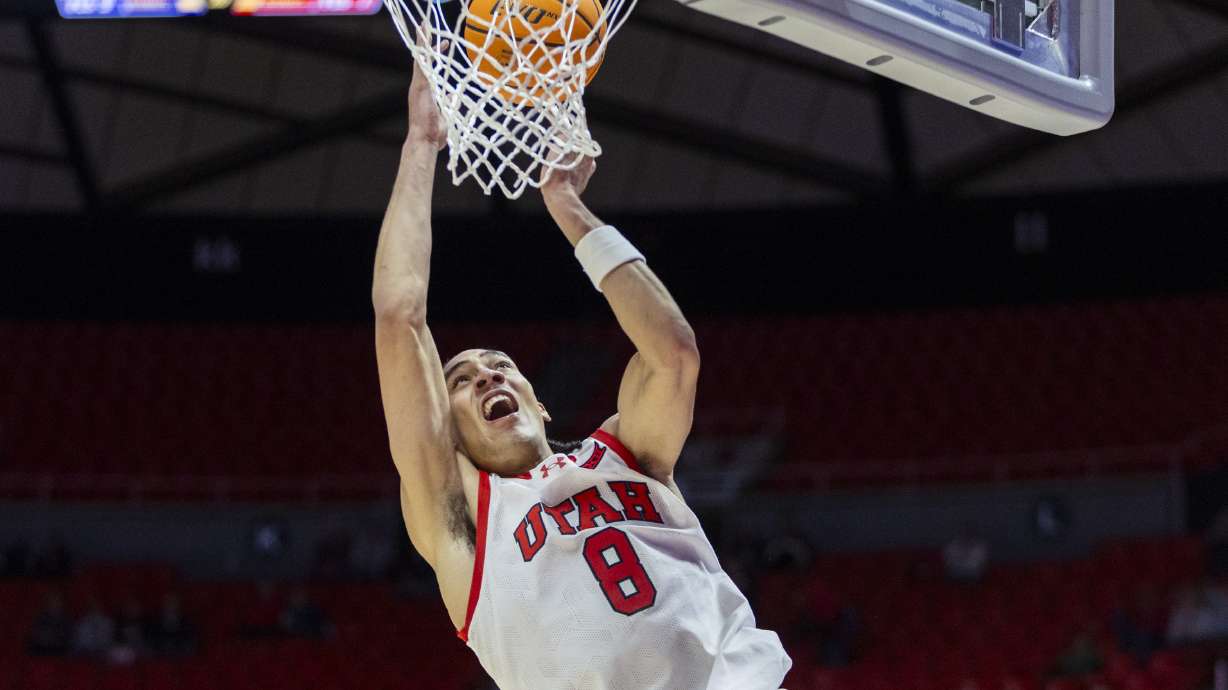 Utah Utes forward Keanu Dawes (8) puts up a shot during a game between the Utah Utes and Central Arkansas Bears at the Huntsman Center on the campus of the University of Utah in Salt Lake City on Thursday, Nov. 7, 2024.