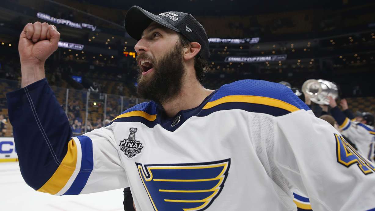 St. Louis Blues' Robert Bortuzzo celebrates after the Blues defeated the Boston Bruins in Game 7 of the NHL Stanley Cup Final, Wednesday, June 12, 2019, in Boston.
