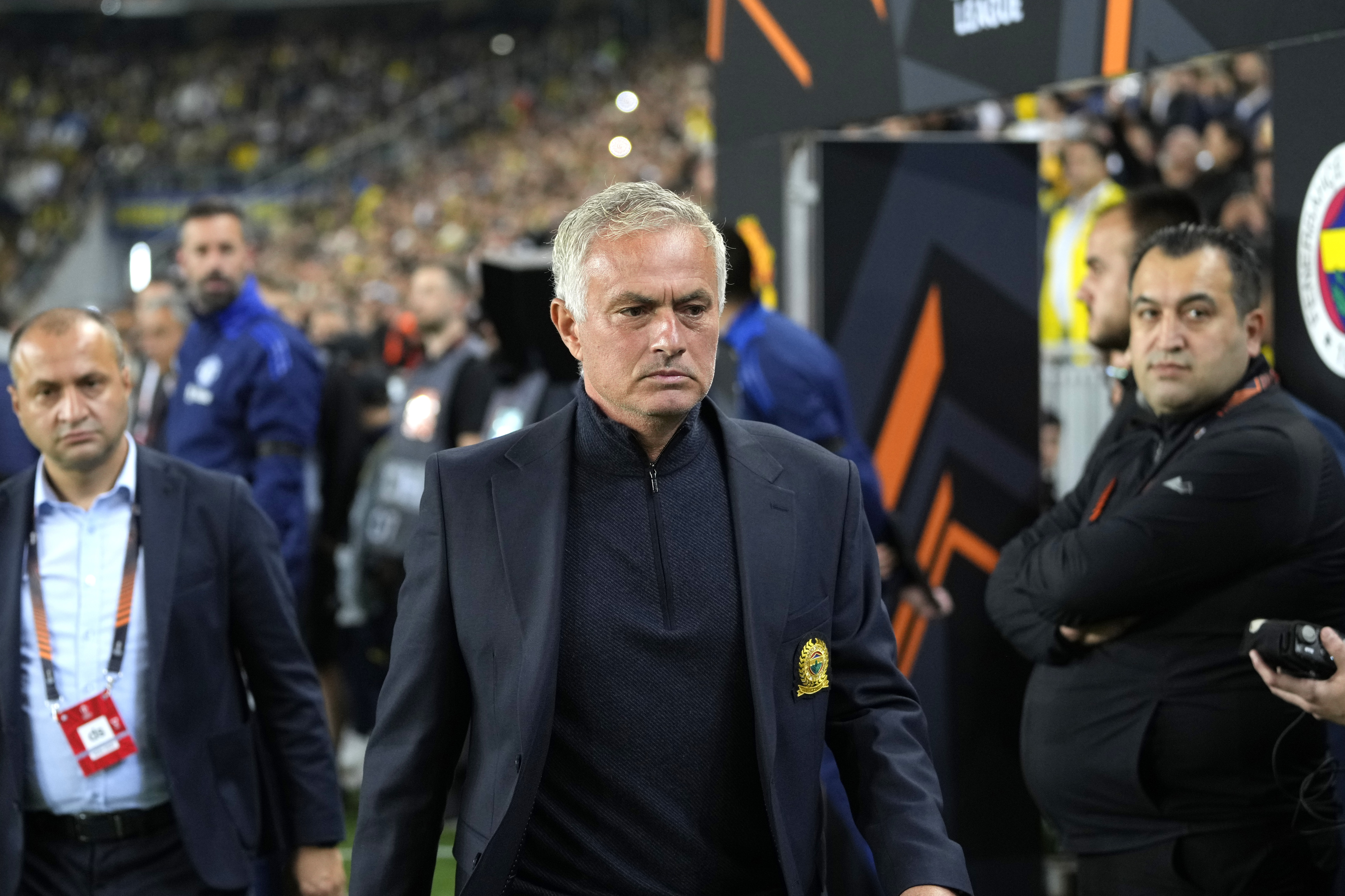 Fenerbahce head coach Jose Mourinho arrives to the Europa League opening phase soccer match between Fenerbahce and Manchester United at Sukru Saracoglu stadium, in Istanbul, Turkey, Thursday, Oct. 24, 2024.
