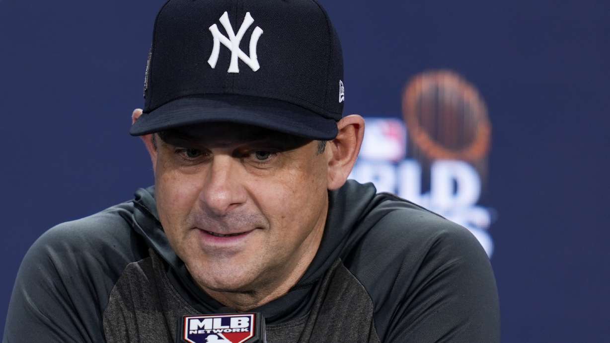 New York Yankees manager Aaron Boone speaks during a news conference before Game 3 of the baseball World Series Los Angeles Dodgers, Monday, Oct. 28, 2024, in New York.