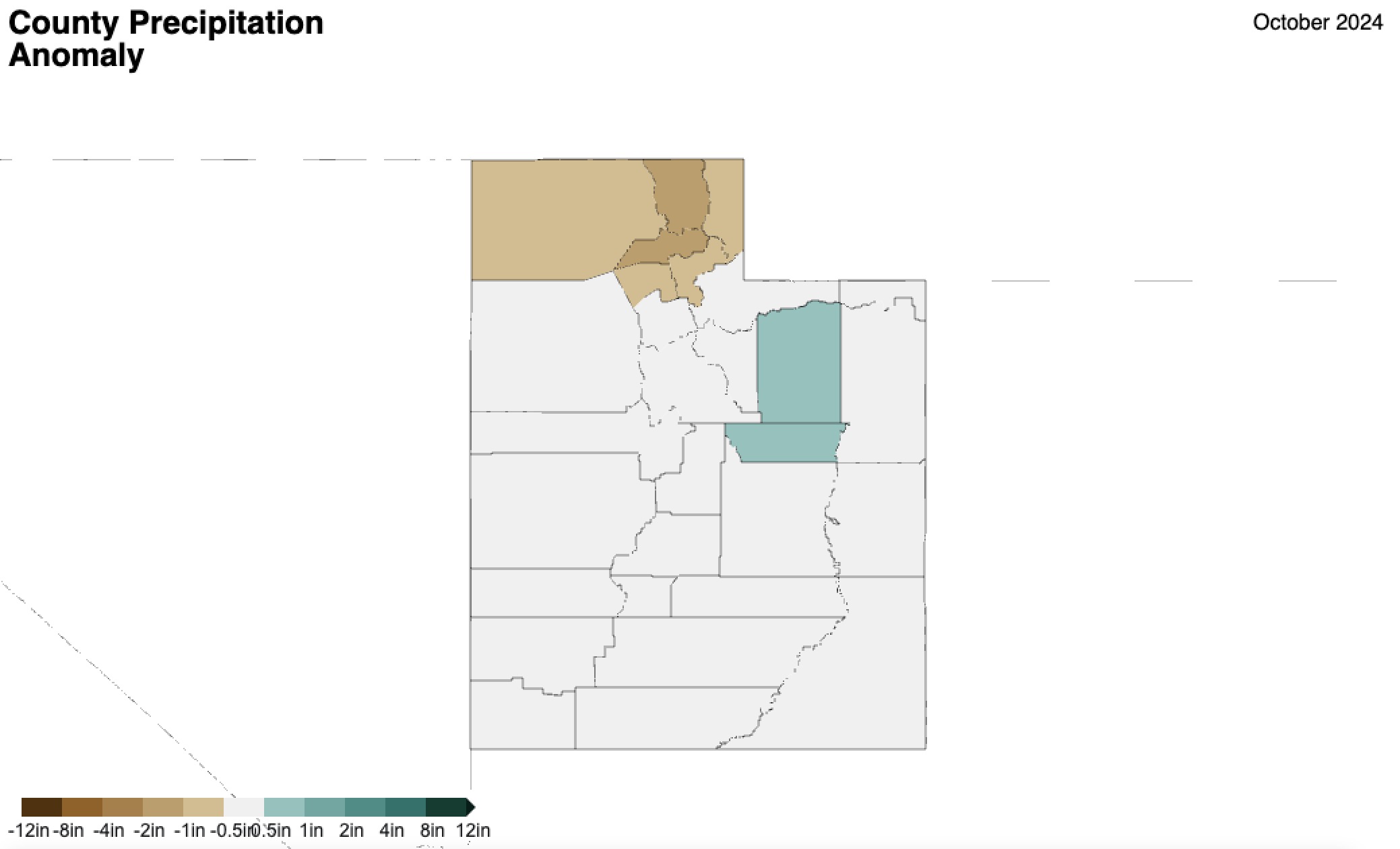 This map shows precipitation anomaly among Utah counties in October. Teal represents accumulations well above normal, while tan signals totals well below normal totals. Most counties ended up with slightly above, slightly below or near normal totals last month.