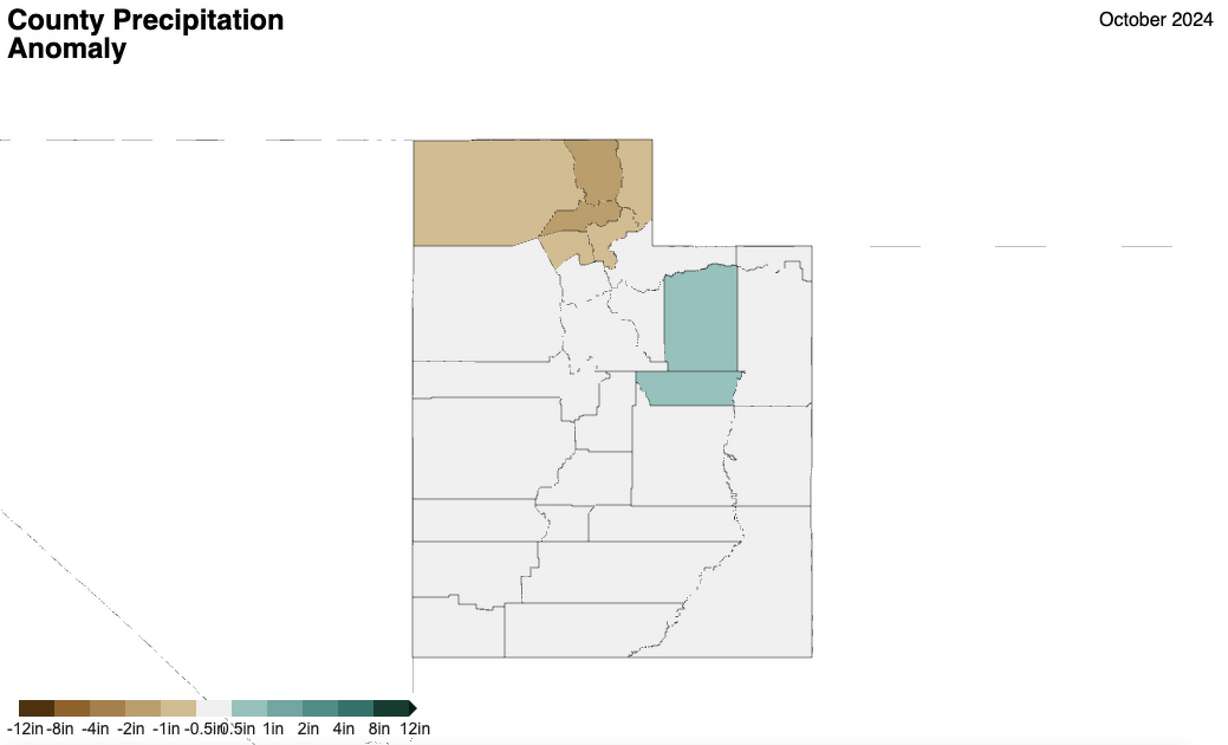 This map shows precipitation anomaly among Utah counties in October. Teal represents accumulations well above normal, while tan signals totals well below normal totals. Most counties ended up with slightly above, slightly below or near normal totals last month.