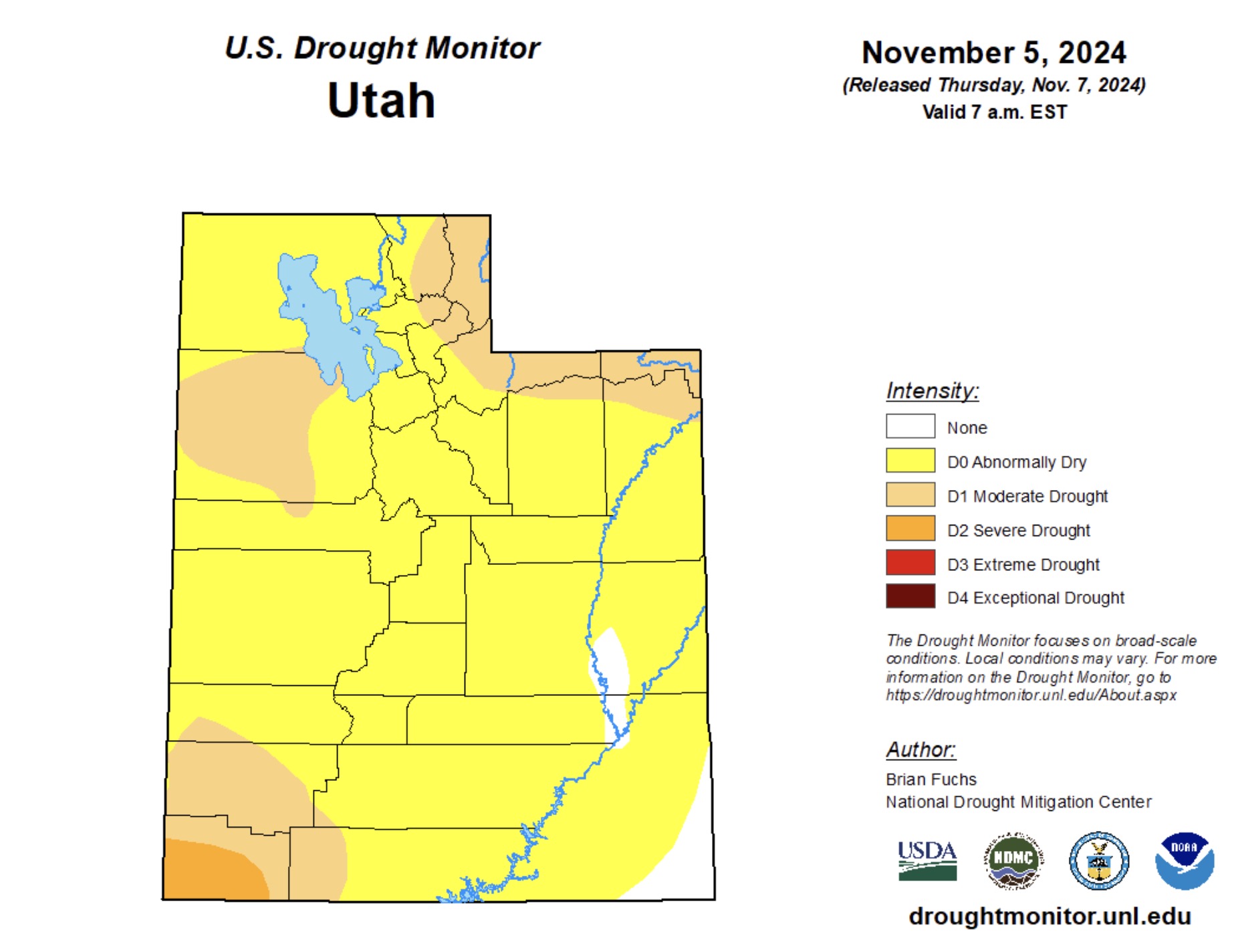 A map of Utah's drought situation as of Thursday. Nearly all parts of the state remain "abnormally dry" at the start of November.