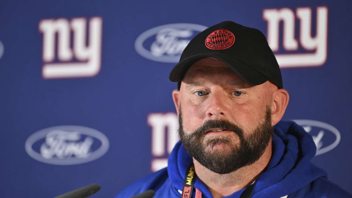 New York Giants head coach Brian Daboll attends a news conference in Munich, Germany, Friday, Nov. 8, 2024. The New York Giants are set to play the Carolina Panthers in an NFL game at the Allianz Arena in Munich on Sunday.