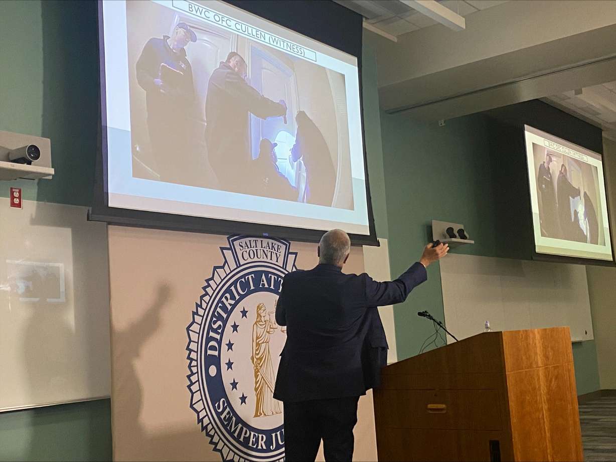 Salt Lake County District Attorney displays body camera video Friday from officers who shot a man armed with a gun who was suffering a medical crisis. An autopsy determined that Kendall Thomas, 44, died from a self-inflicted gunshot.