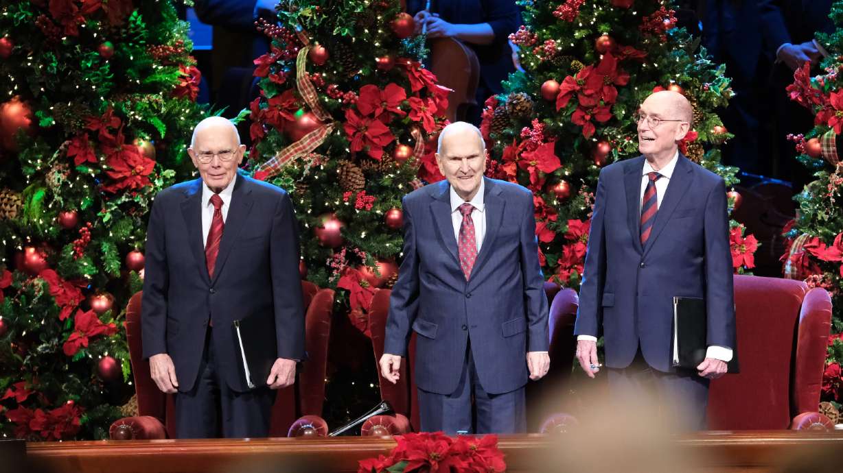 Members of the First Presidency of The Church of Jesus Christ of Latter-day Saints, President Russell M. Nelson, center, with President Dallin H. Oaks, first counselor, left, and President Henry B. Eyring, second counselor, at the First Presidency's Christmas Devotional in the Conference Center in Salt Lake City on Dec. 3, 2023.