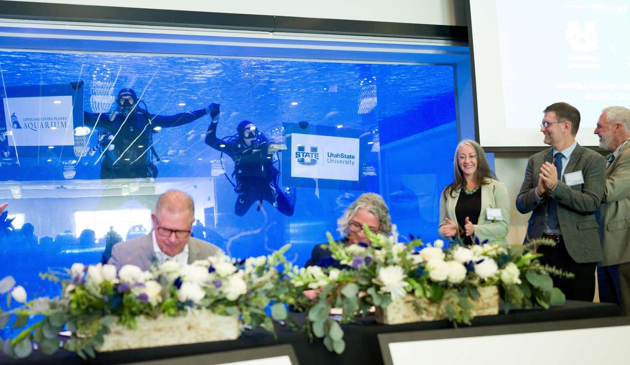 Administrators, educators and scuba divers from Utah State University and Loveland Living Planet Aquarium celebrate a new partnership between the two educational organizations in Draper on Oct. 25.