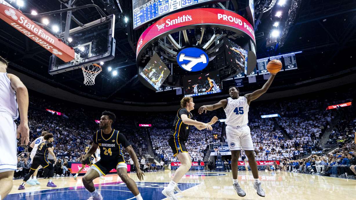 Brigham Young center Fousseyni Traore (45) catches an inbound pass from guard Egor Demin (3) during an NCAA men’s basketball game against UC Riverside held at the Marriott Center on the campus of BYU in Provo on Friday, Nov. 8, 2024.