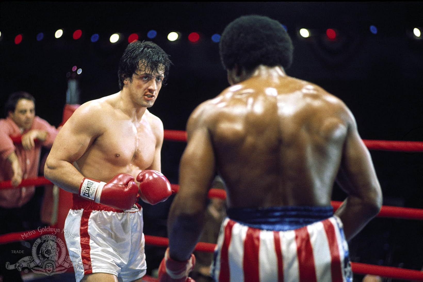 L to R: Sylvester Stallone as Rocky Balboa and Carl Weathers as Apollo Creed in a scene from the 1976 film "Rocky."