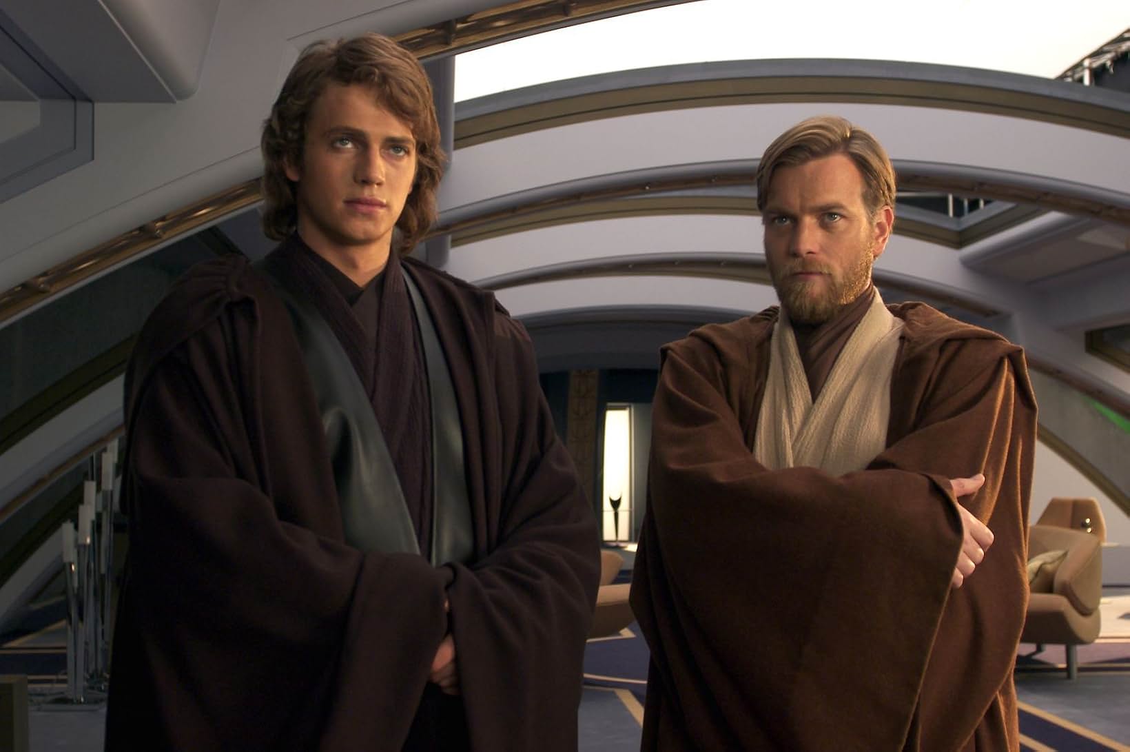 L to R: Hayden Christensen as Anakin Skywalker and Ewan McGregor as Obi-Wan Kenobi in the 2005 film "Star Wars: Episode III - Revenge of the Sith."