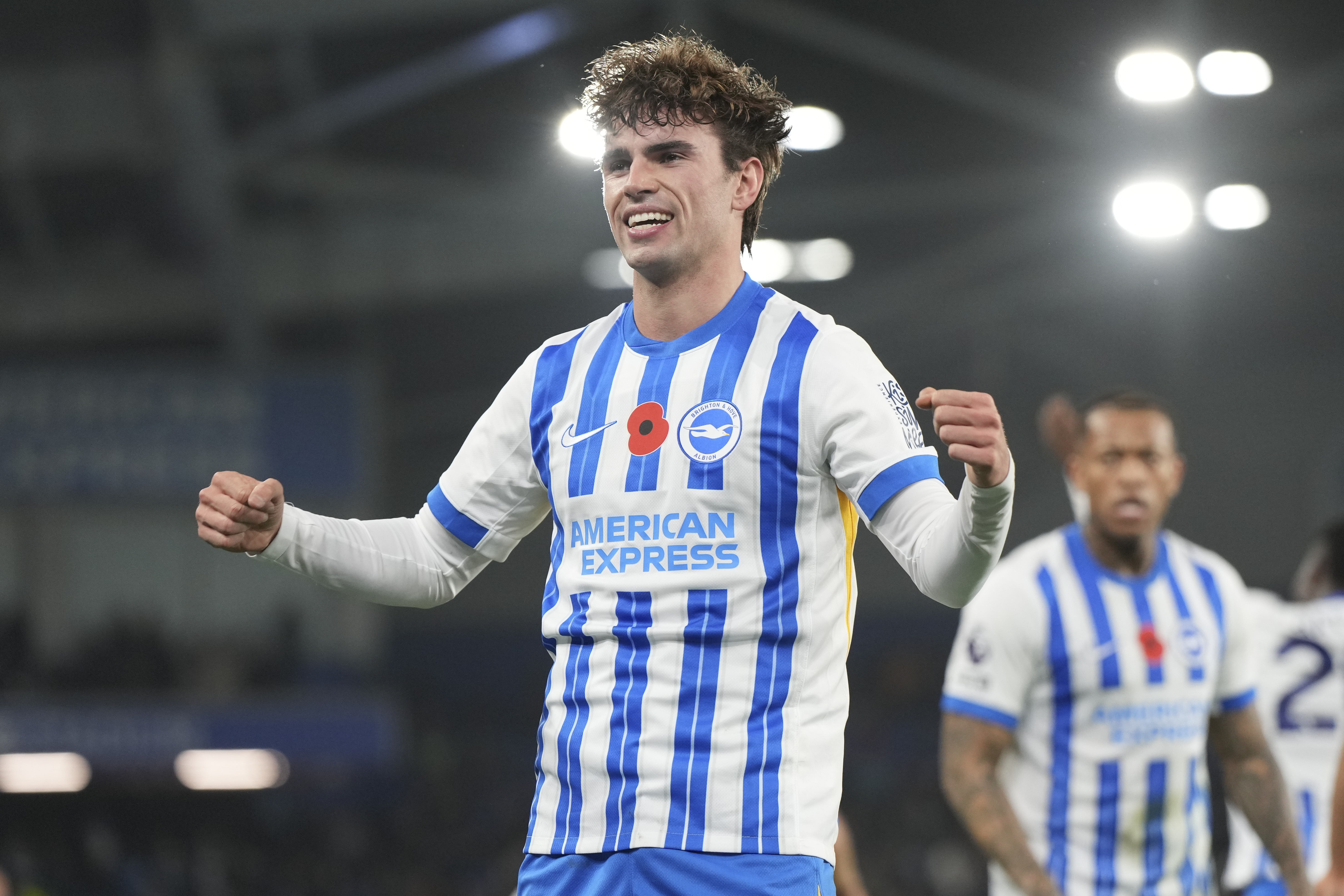 Brighton's Matt O'Riley reacts after scoring during the English Premier League soccer match between Brighton and Manchester City at Falmer Stadium in Brighton, England, Saturday, Nov. 9, 2024.