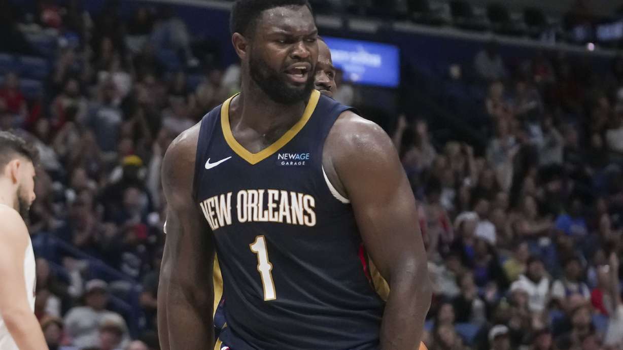 New Orleans Pelicans forward Zion Williamson (1) reacts after being fouled in the second half of an NBA basketball game against the Cleveland Cavaliers in New Orleans, Wednesday, Nov. 6, 2024. The Cavaliers won 131-122.
