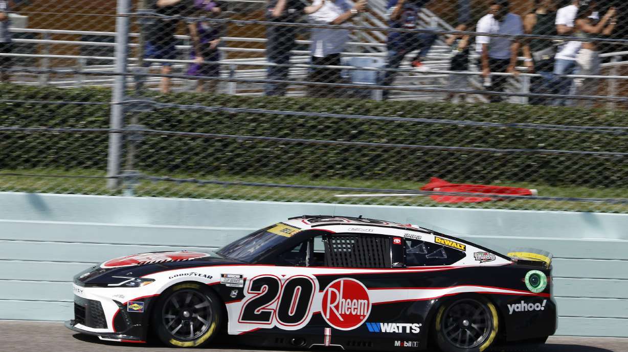 Christopher Bell drives on track during the NASCAR Cup Series auto race at Homestead-Miami Speedway in Homestead, Fla., Sunday, Oct. 27, 2024.