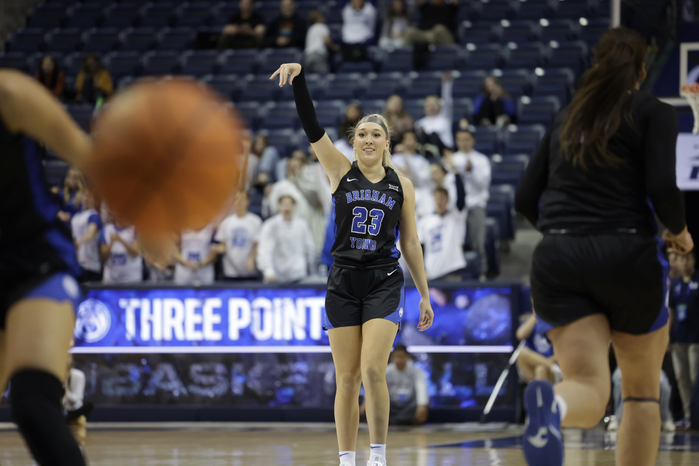 BYU wing Marya Hudgins celebrates a 3-pointer during an NCAA women's basketball game against Wyoming, Saturday, Nov. 9, 2024 at the Marriott Center in Provo, Utah.