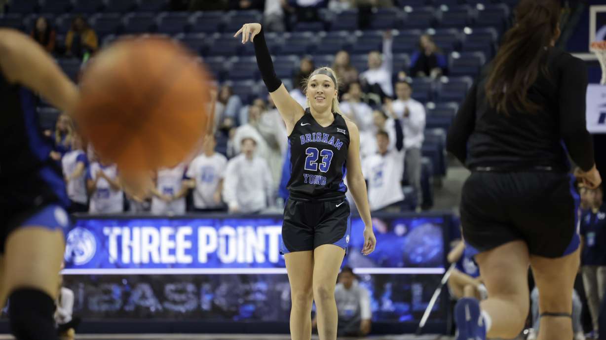 BYU wing Marya Hudgins celebrates a 3-pointer during an NCAA women's basketball game against Wyoming, Saturday, Nov. 9, 2024 at the Marriott Center in Provo, Utah.