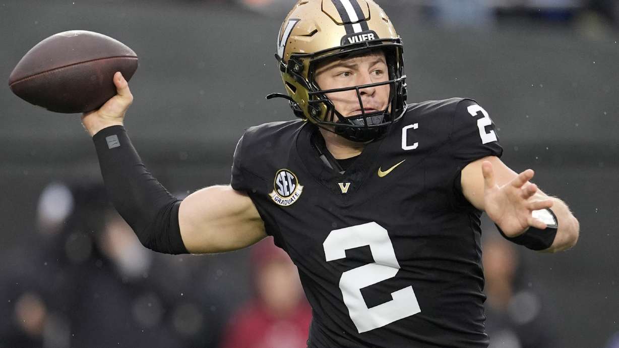 Vanderbilt quarterback Diego Pavia (2) looks to throw a pass during the first half of an NCAA college football game against South Carolina, Saturday, Nov. 9, 2024, in Nashville, Tenn.