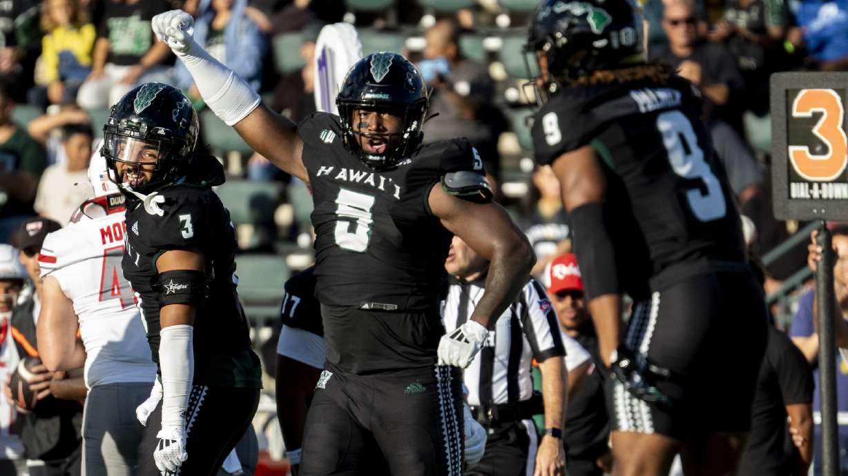 Hawaii defensive lineman Tariq Jones (5) celebrates after a play during the first half of an NCAA college football game against UNLV, Saturday, Nov. 9, 2024, in Honolulu, Hawaii.