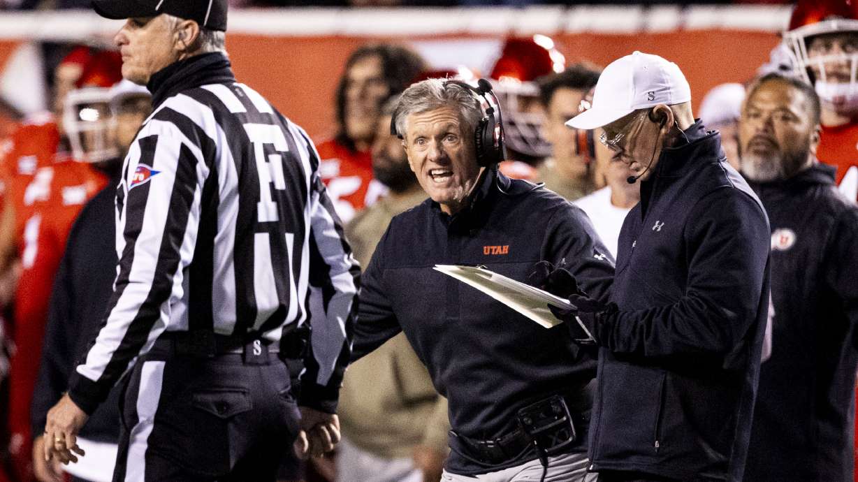 Utah Utes football head coach Kyle Whittingham reacts to a referee’s call during a game between the University of Utah Utes and the BYU Cougars held at Rice-Eccles Stadium in Salt Lake City on Saturday, Nov. 9, 2024.