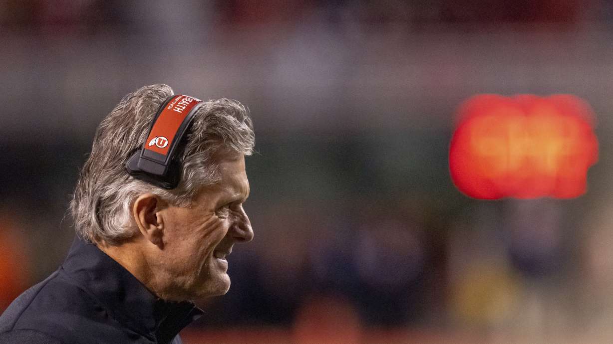 Utah head coach Kyle Whittingham walks onto the field during a time out in the first half of an NCAA college football game against BYU, Saturday, Nov. 9, 2024, in Salt Lake City.