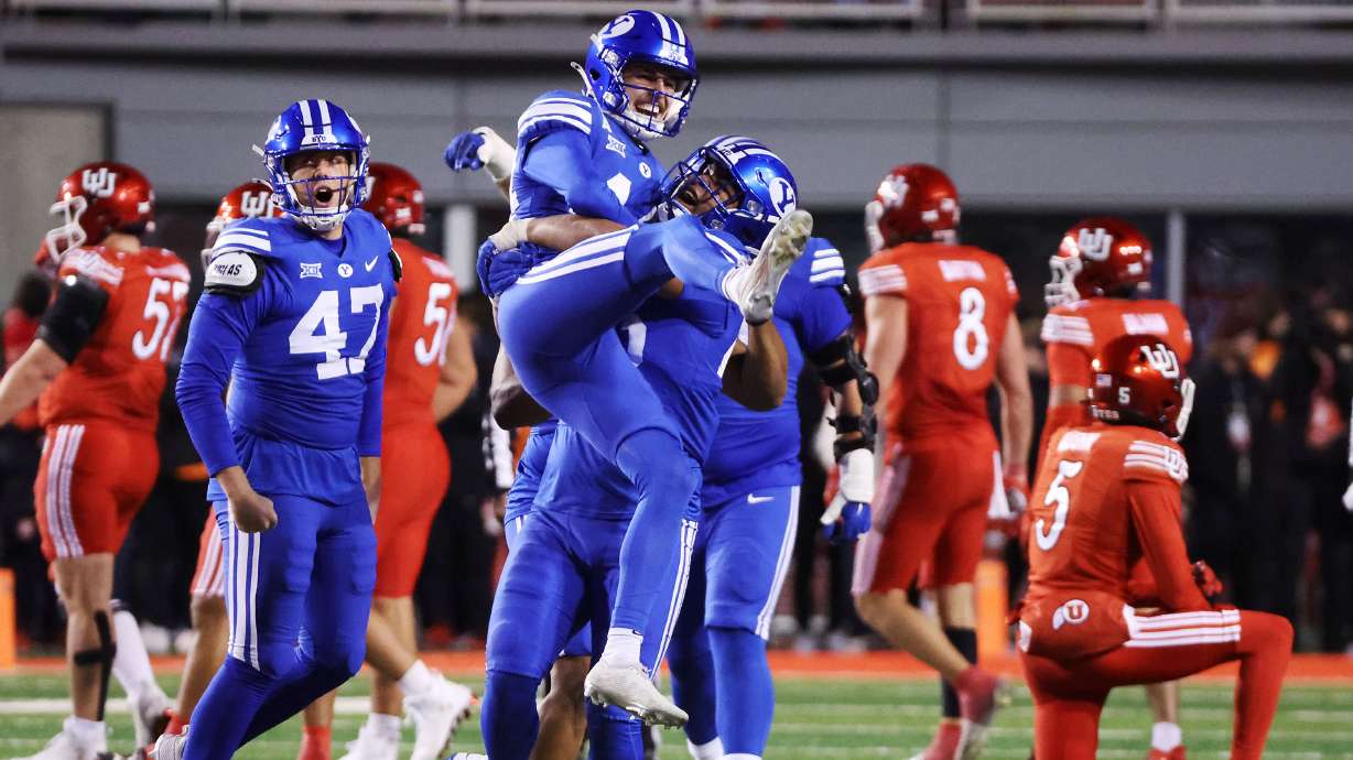 Brigham Young Cougars place kicker Will Ferrin (44) celebrates the game winning field goal at Rice-Eccles Stadium in Salt Lake City on Sunday, Nov. 10, 2024. BYU won 22-21.