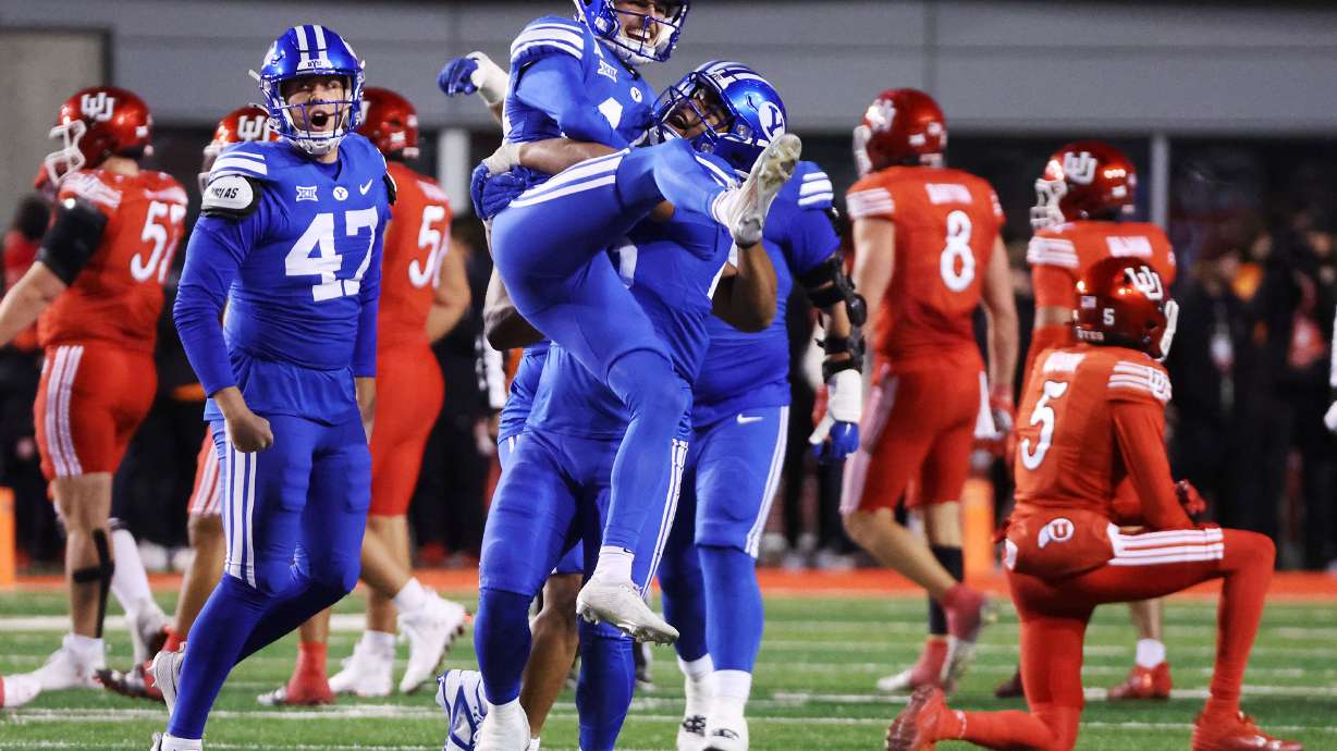 Brigham Young Cougars place kicker Will Ferrin (44) celebrates the game winning field goal at Rice-Eccles Stadium in Salt Lake City on Sunday, Nov. 10, 2024. BYU won 22-21.