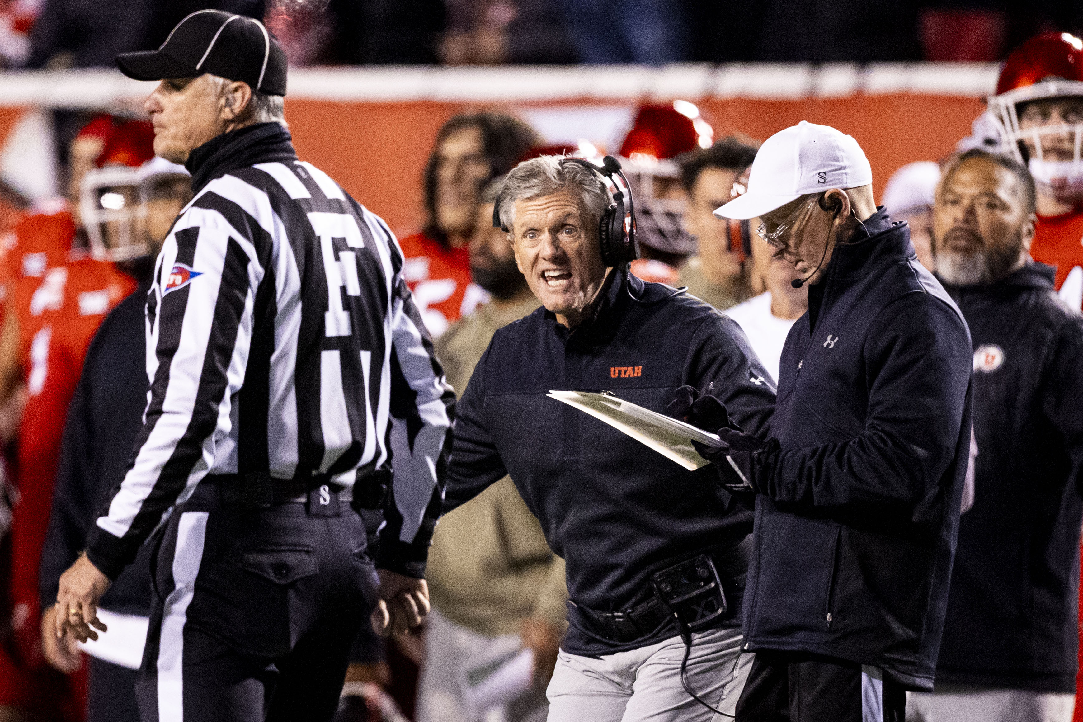 Utah Utes football head coach Kyle Whittingham reacts to a referee’s call during a game between the University of Utah Utes and the BYU Cougars held at Rice-Eccles Stadium in Salt Lake City on Saturday, Nov. 9, 2024.