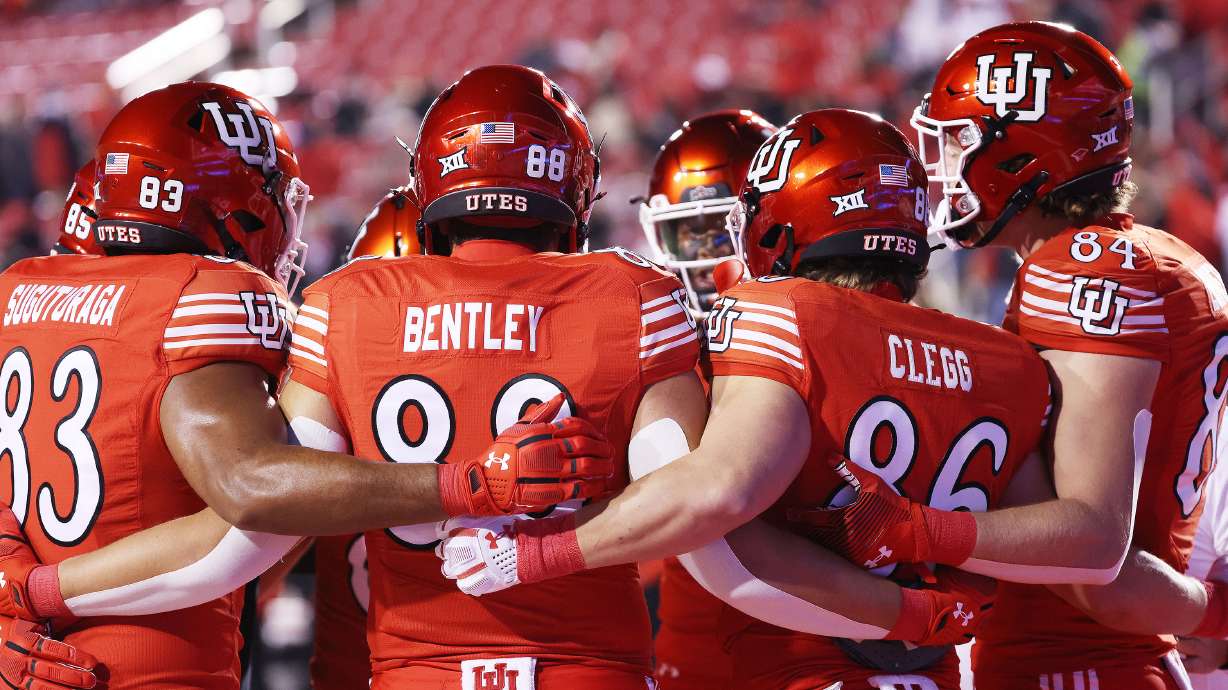 Utah Utes players huddle during pregame at Rice-Eccles Stadium in Salt Lake City on Saturday, Nov. 9, 2024.