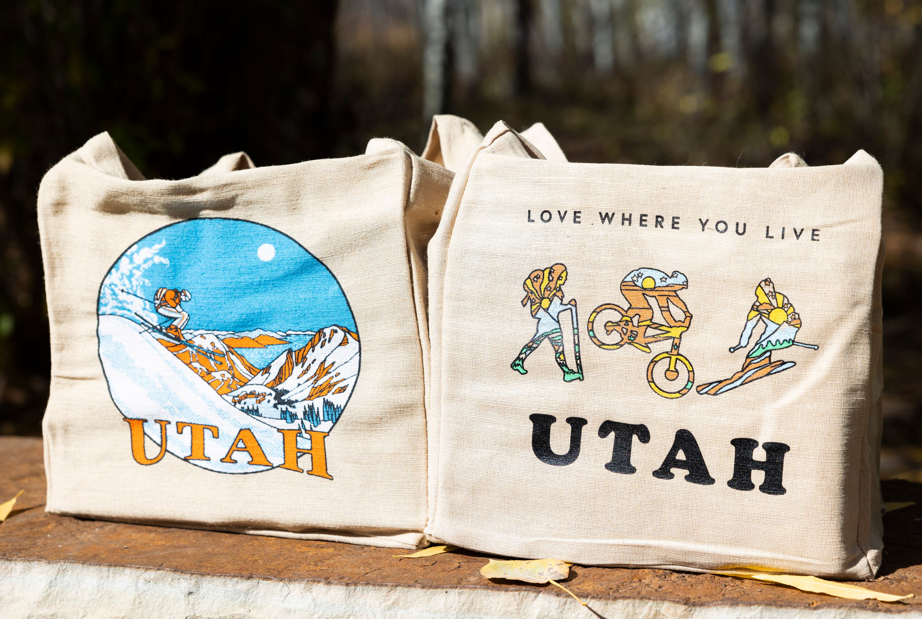 Stardust Sustainables biodegradable jute tote bags are pictured at Rotary Park in Park City on Oct. 21. Peter Murray’s jute tote bags, which are biodegradable and can degrade within nine weeks if buried, are intended to take the place out of plastic bags.