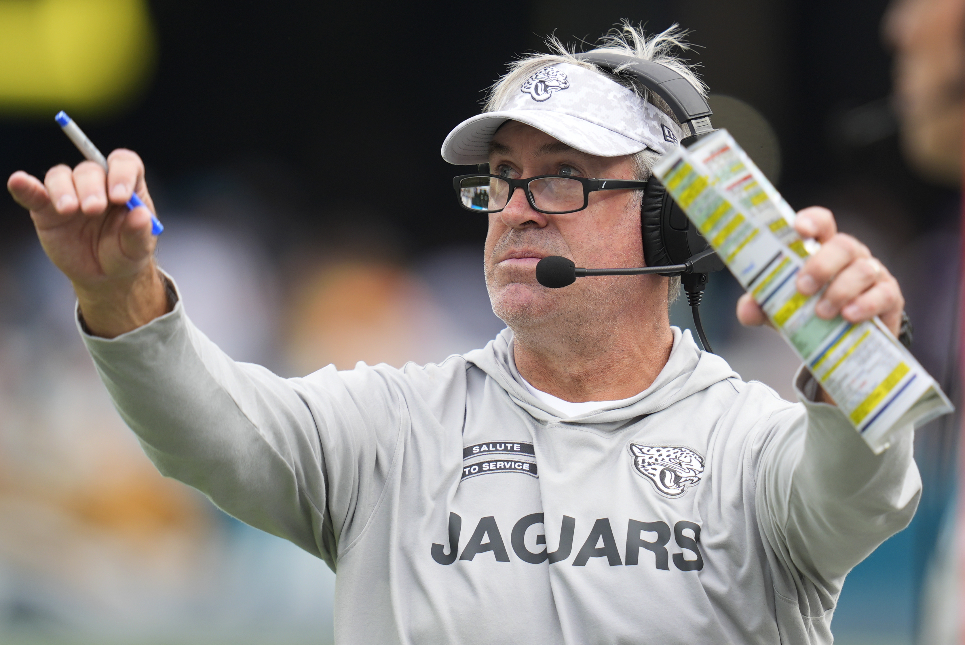 Jacksonville Jaguars head coach Doug Pederson reacts during the second half of an NFL football game against the Minnesota Vikings, Sunday, Nov. 10, 2024, in Jacksonville, Fla.