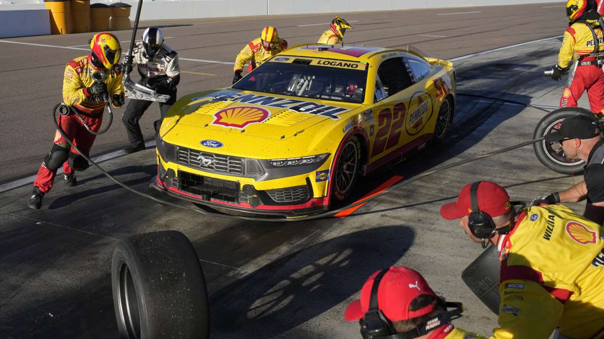 Joey Logano (22) makes a pit stop during a NASCAR Cup Series Championship auto race at Phoenix Raceway, Sunday, Nov. 10, 2024, in Avondale, Ariz.