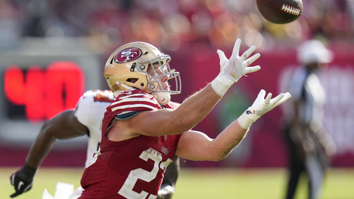 San Francisco 49ers running back Christian McCaffrey catches a pass against the Tampa Bay Buccaneers during the second half of an NFL football game in Tampa, Fla., Sunday, Nov. 10, 2024.