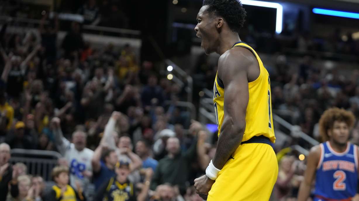 Indiana Pacers' Bennedict Mathurin reacts after hitting a basket and getting fouled during the second half of an NBA basketball game against the New York Knicks, Sunday, Nov. 10, 2024, in Indianapolis.