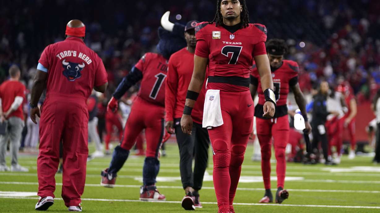Houston Texans quarterback C.J. Stroud (7) walks off the field after an NFL football game against the Detroit Lions, Sunday, Nov. 10, 2024, in Houston. The Lions won 26-23.
