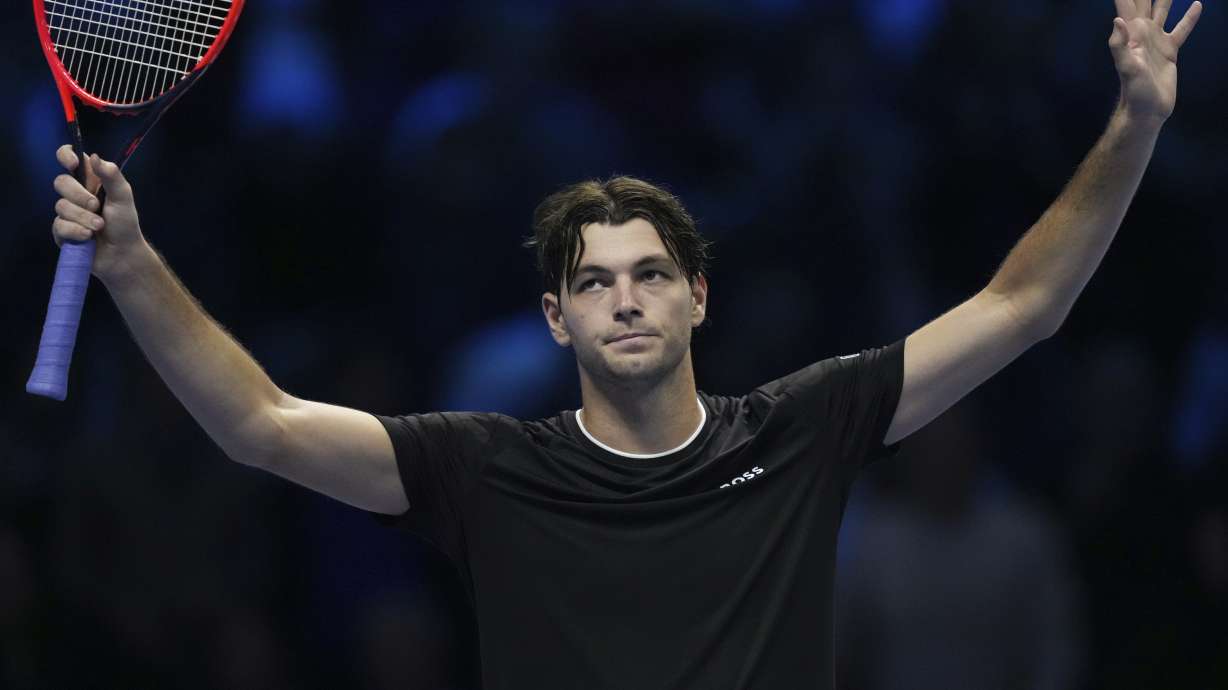 United States' Taylor Fritz celebrates after winning against Russia's Daniil Medvedev the singles tennis match of the ATP World Tour Finals at the Inalpi Arena, in Turin, Italy, Sunday, Nov. 10, 2024.