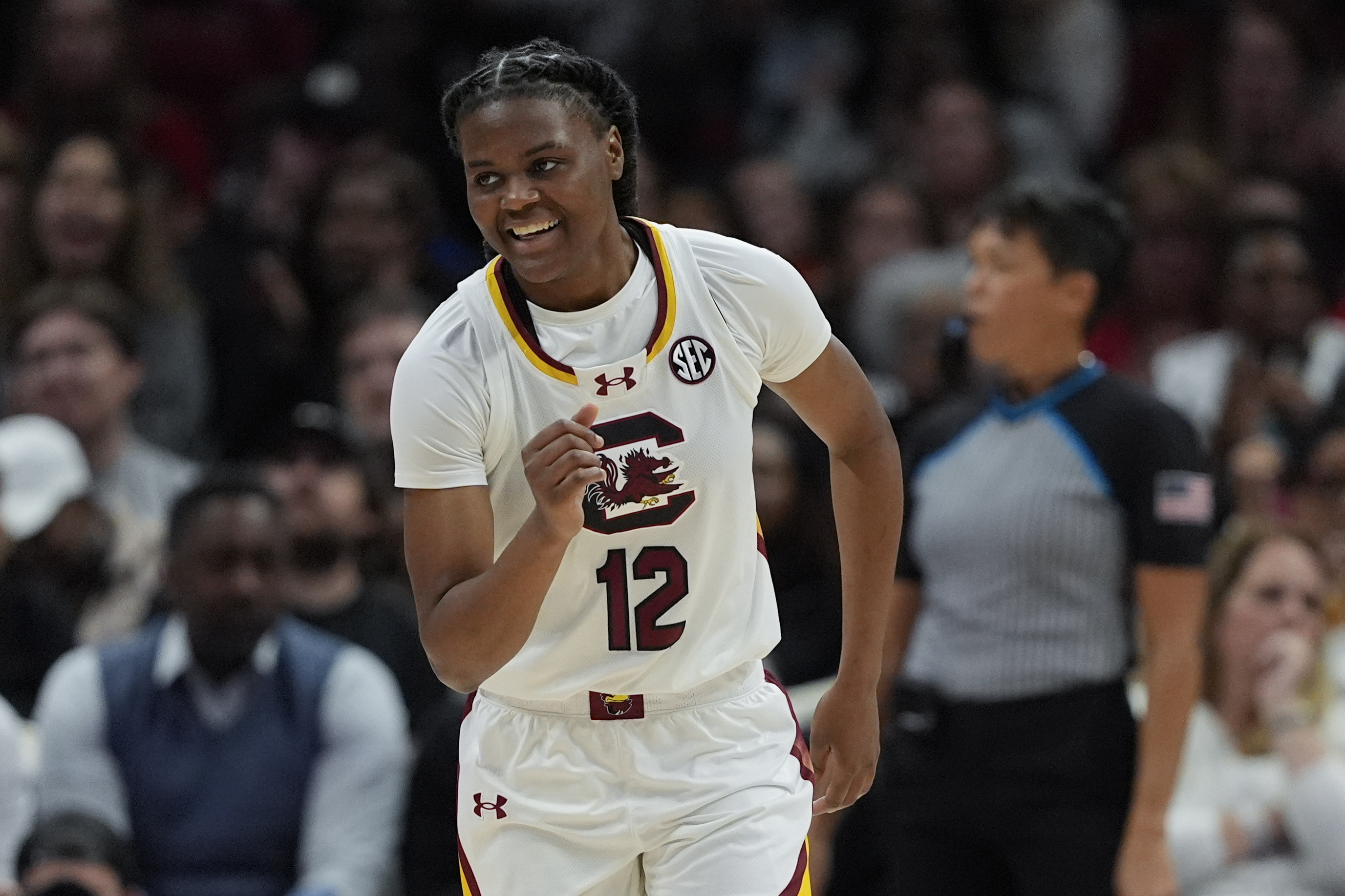 South Carolina guard MiLaysia Fulwiley celebrates after scoring against NC State during the second half of an NCAA women's college basketball game Sunday, Nov. 10, 2024, in Charlotte, N.C.
