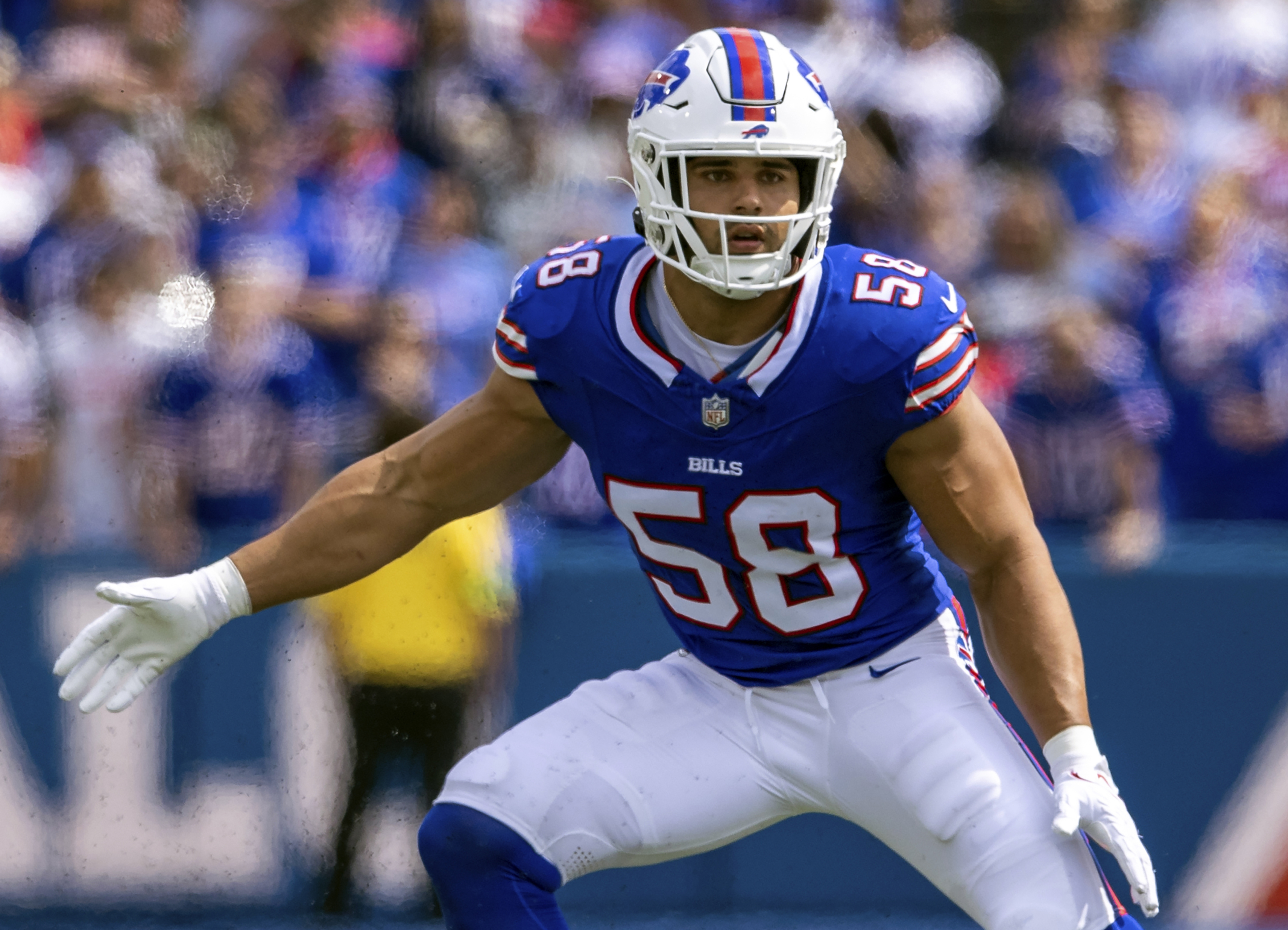 FILE - Buffalo Bills linebacker Matt Milano defends during an NFL football game against the Las Vegas Raiders, Sept. 17, 2023, in Orchard Park, N.Y.