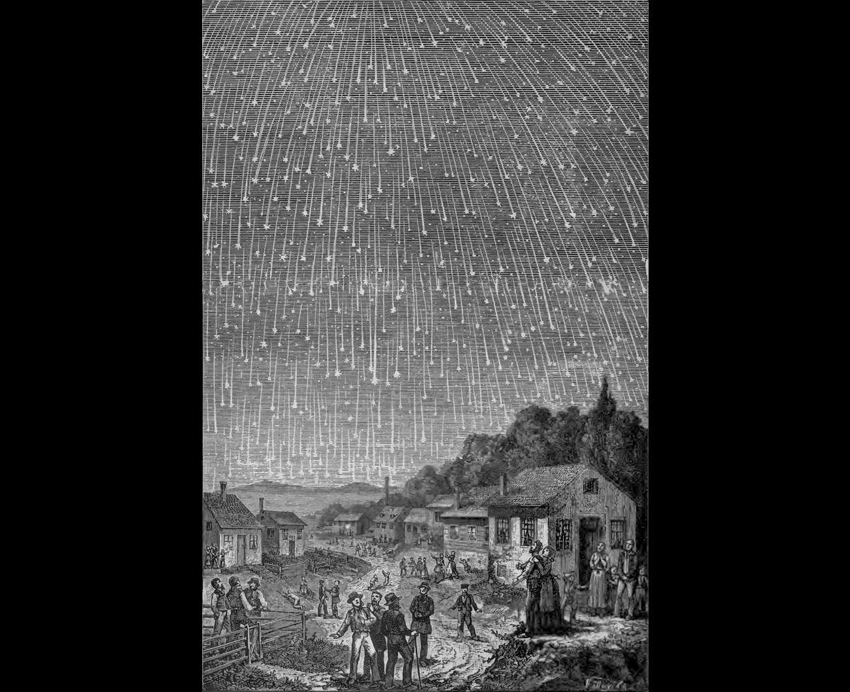 Adolf Vollmy's depiction of "The Night the Stars Fell" in 1833. This original wood engraving was based on a Seventh-Day Adventist minister's memory, who saw the storm as a boy.