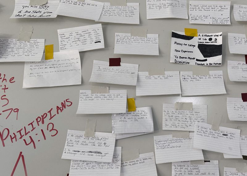 Index cards describing why the recruits joined the Army are taped to a large board on a wall at Fort Jackson, a U.S. Army Training Center, in Columbia, S.C., Sept. 25.