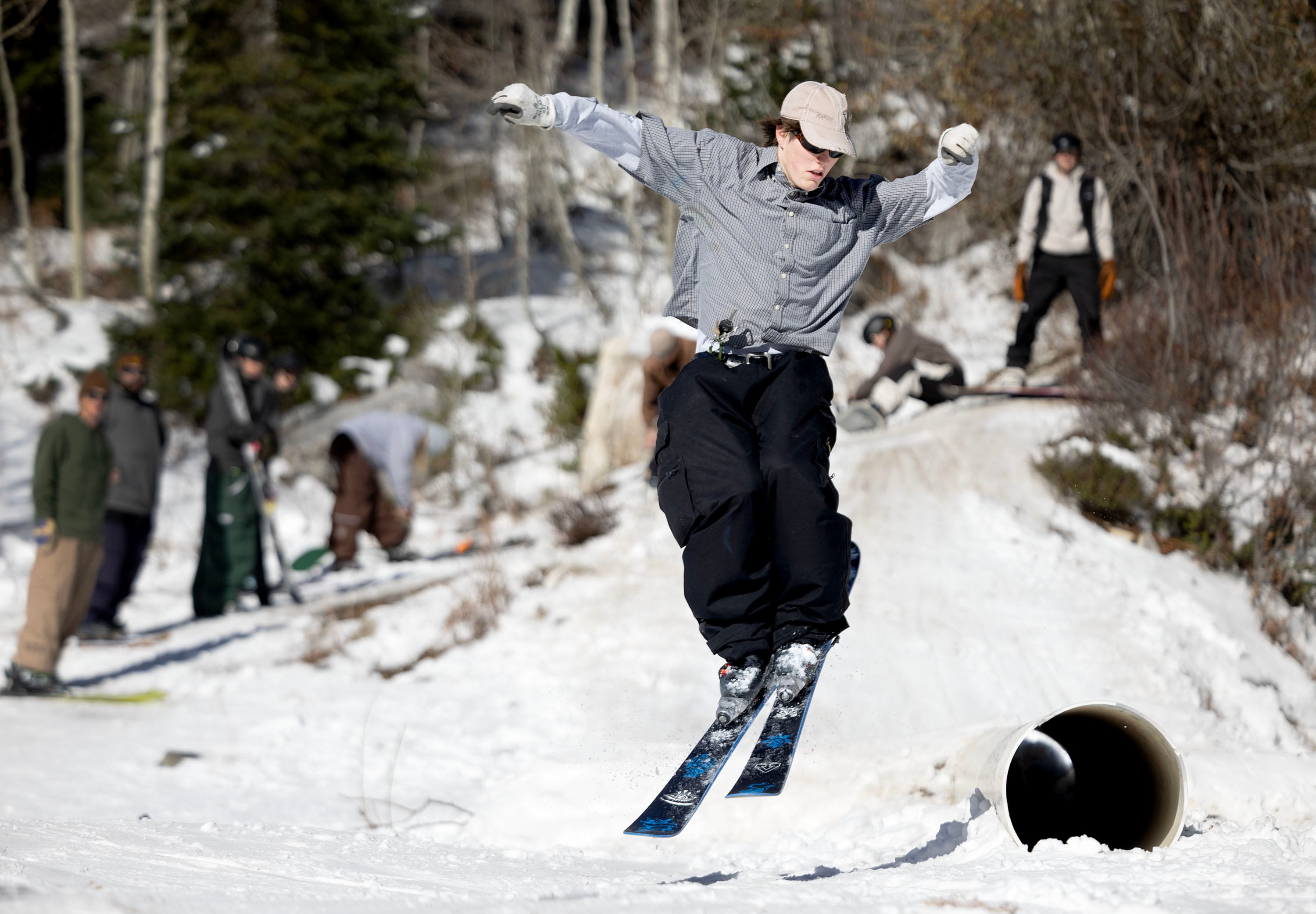 Finn Urey, a sophomore and member of Westminster University’s freeski team, practices in Little Cottonwood Canyon in Salt Lake City on Friday.