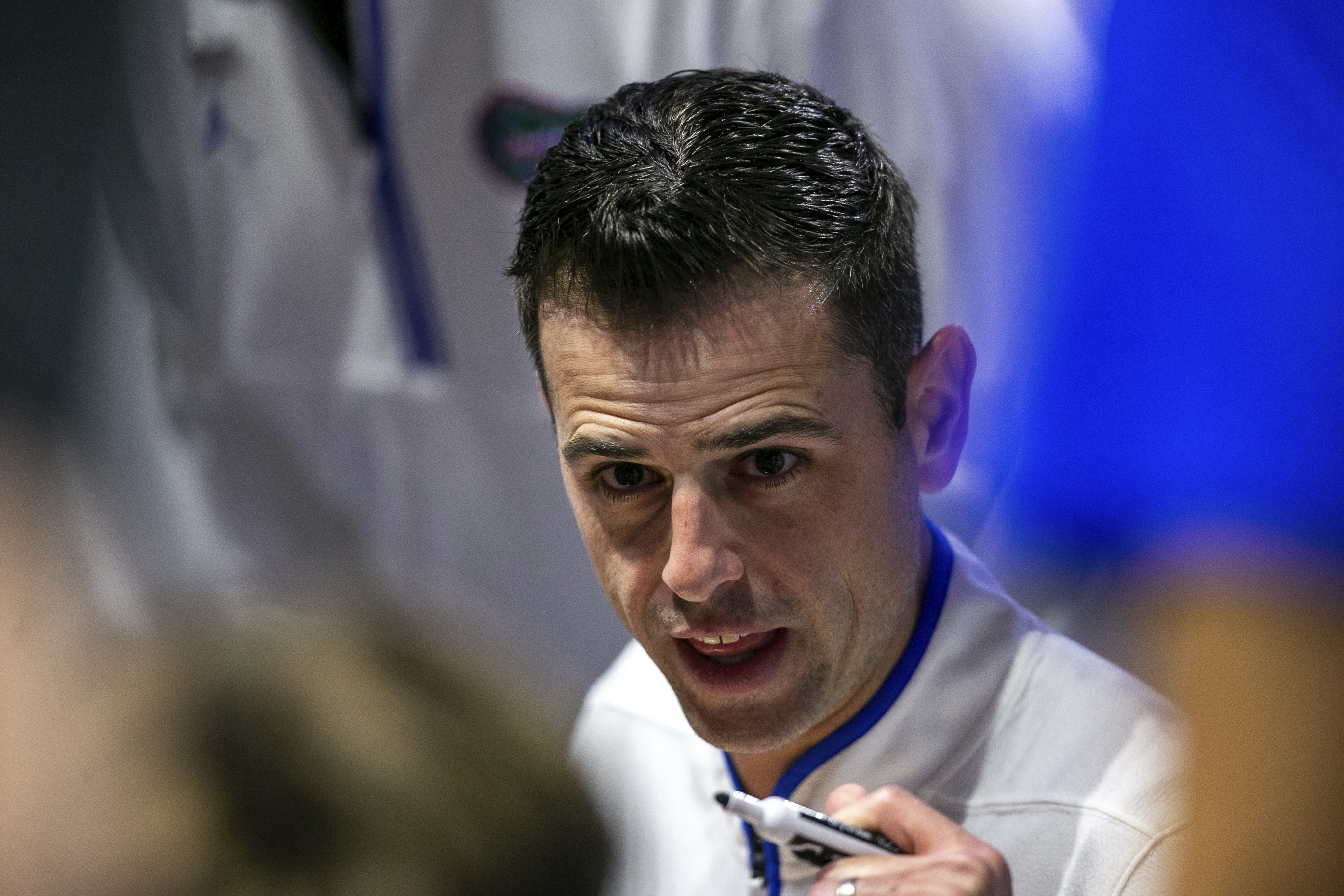Florida head coach Todd Golden speaks during a timeout during the first half of an NCAA college basketball game against Grambling State, Monday, Nov. 11, 2024, in Gainesville, Fla.
